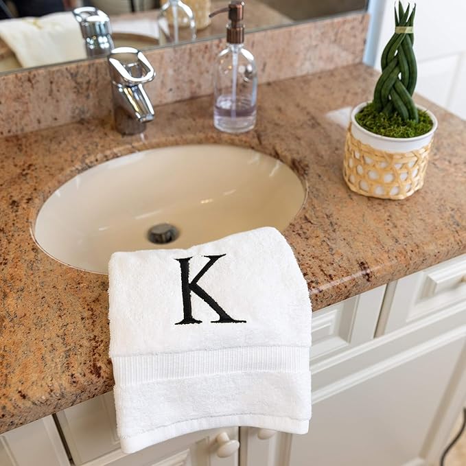 Black Monogrammed Bathroom Hand Towel - Black & White Luxury Hotel Quality Personalized Initial Decorative Embroidered Towel for Powder Room, Spa - GOTS Organic Certified - Set of 2 Letter K