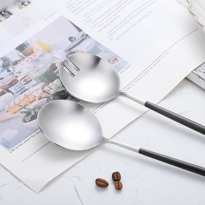 Salad Servers,Spoon and Fork Set 11.41 inch,18/10 Stainless Steel Salad Serving Titanium Plating (black silver)