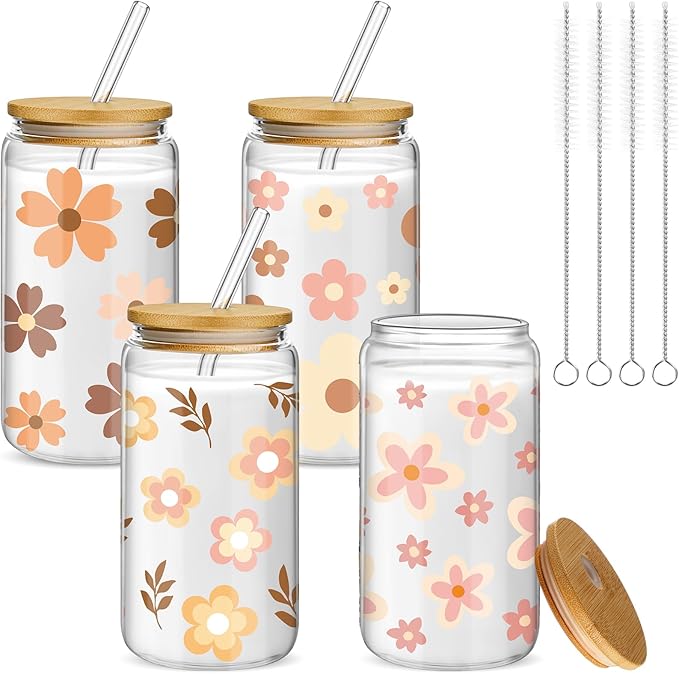 Mumufy Gift for Women Cute Glass Cup Tumbler Flower Iced Coffee Mugs 16 oz Glass with Bamboo Lid & Straw, Mothers Day Birthday Gift for Mom Sister Bridesmaid Baby Shower(4 Pack,Cute Boho)