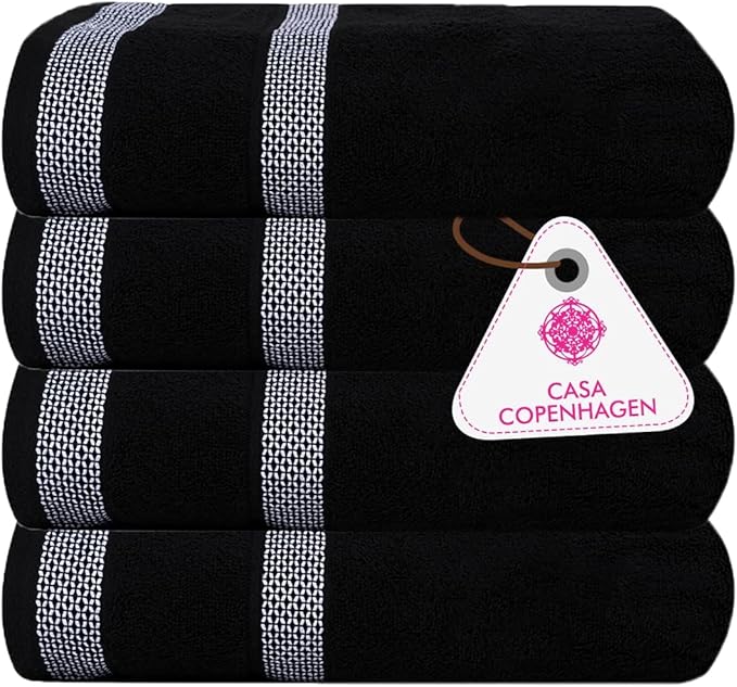 CASA COPENHAGEN, Solitaire, 600 GSM, 27x55 Inches Large Bath Towels, Set of 4 Towels, Super Soft and Absorbent, Egyptian Cotton Towels for Bathroom & Shower - Jet Black