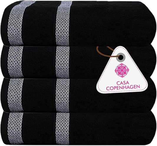 CASA COPENHAGEN, Solitaire, 600 GSM, 27x55 Inches Large Bath Towels, Set of 4 Towels, Super Soft and Absorbent, Egyptian Cotton Towels for Bathroom & Shower - Jet Black