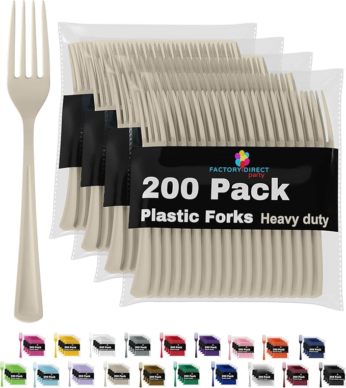 Party Solids Ivory Plastic Forks 200 Pieces Ivory Forks Disposable Utensils Heavy Duty Plastic Cutlery Set Disposable Cutlery Sets Flatware Sets Silverware Set Party Supplies & Party Tableware