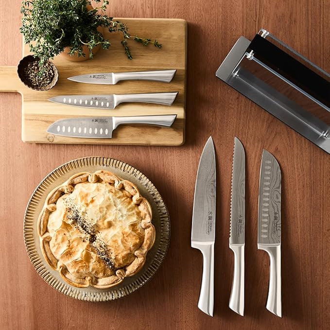 Cuisine::pro Damashiro Knife Block (Kumi, 7-Piece Chef Knife Set) - Japanese Steel Knife - Magnetic Knife Block- Damascus-Inspired Blade Kitchen Knives