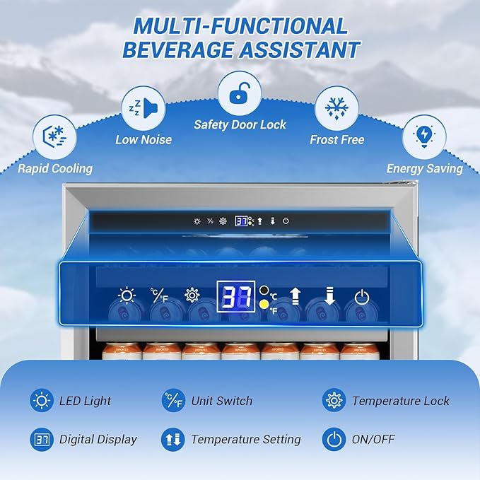 24" Beverage Refrigerator Undercounter | 180 Can Capacity | Built-In Undercounter Cooler | Glass Door for Soda, Water, Beer | Home, Bar, or Office Use