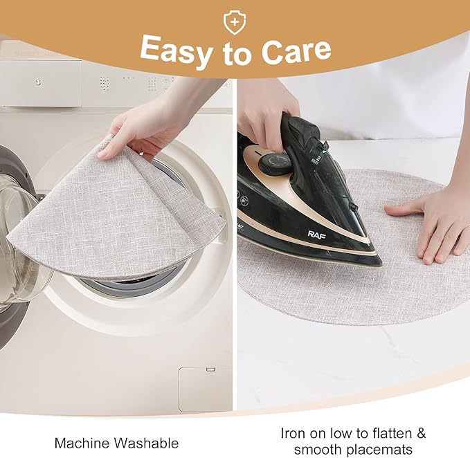 homing 15 Inch Round Cloth Placemats Set of 6, Cotton Linen Blend Washable Table Mats, Farmhouse Dining Place Mats for Indoors & Outdoors, Easy to Clean, Beige