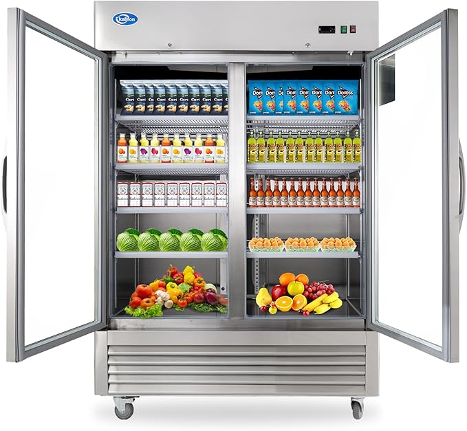 49Cu.Ft Commercial Refrigerator Merchandiser, 54" Display Refrigerator with 2 Glass Doors, Upright Fridge Stainless Steel Cooler with LED Lighting for Restaurant Kitchen