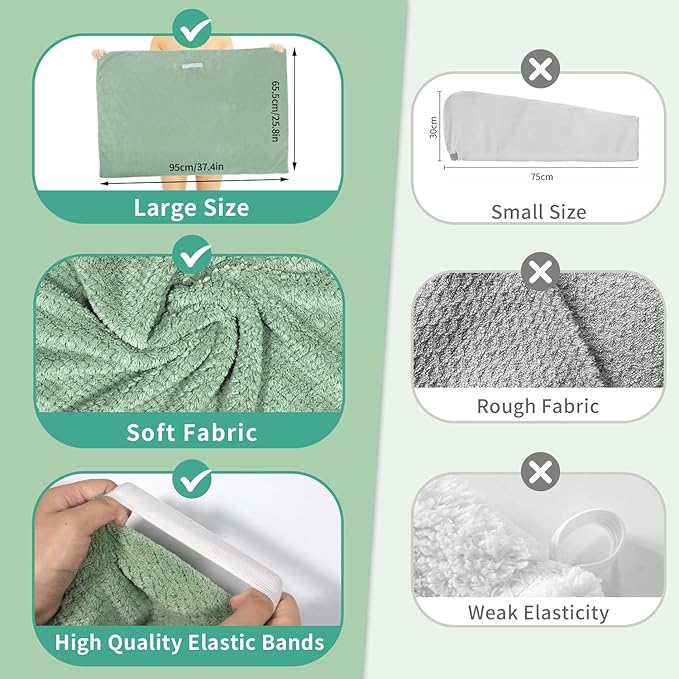 2 Pack Extra Large Microfiber Hair Towel Wrap, 37.4" x 26.4" for Women, Super Absorbent & Quick Dry Hair Towel with Elastic Strap for Curly Hair Green