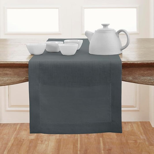 Solino Home Linen Hemstitch Table Runner 60 Inches - 100% Pure Linen Dark Grey Table Runner 14 x 60 Inch Ideal for Dresser and Coffee Tables - Classic Hemstitch