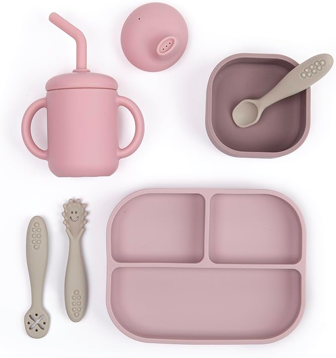 Bella Tunno Little Bites Bundle Baby Feeding Set with 1 Bowl, 1 Plate, 3 Utensils, 1 Cup, 2 Lids; Baby Led Weaning Supplies; 100% Food-Grade Silicone (Magic Meadow)