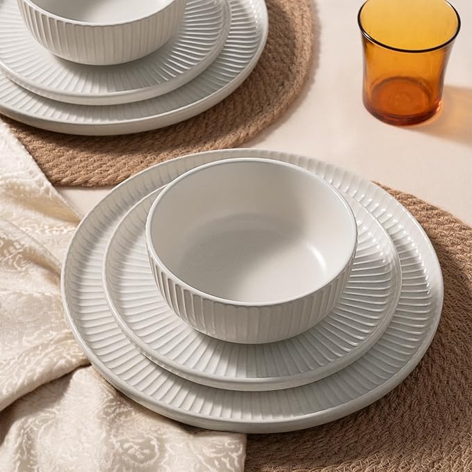 Famiware Starlight Plates and Bowls Dishes Set of 4 (12 Pieces), Ribbed Textured Stoneware Dinnerware Sets- Dishwasher & Microwave Safe, Chip Resistant, Matte Reactive White