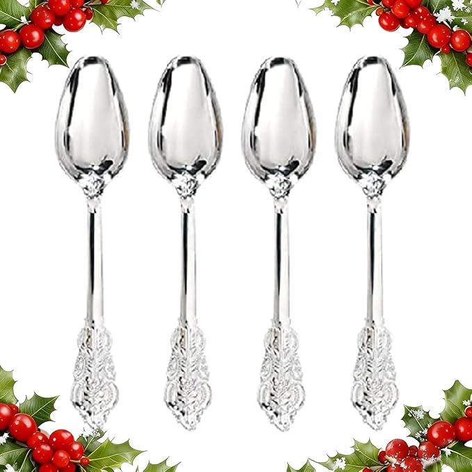 WDF 100 Piece Silver Plastic Spoons Disposable - 6.93 Inch Baroque Silver Silverware for Dessert Cake - Heavy Duty Plastic Spoons for Christmas Party, Wedding or Daily Using