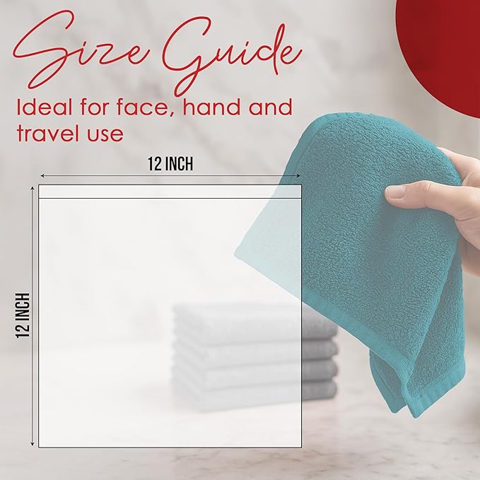 RIVERSIDE 12 Pack Washcloths - 12x12 Inches, 400 GSM, 100% Ring-Spun Cotton - Soft, Absorbent & Durable Face and Body Towels - for Bathroom, Spa, Gym, Makeup Removal & Everyday Use - Teal