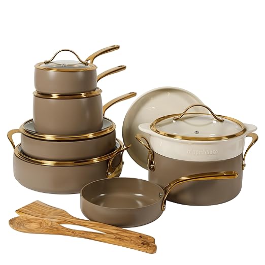 Bloomhouse - Two Time Oprah's Favorite Things Winner - 15 Piece Pots and Pans Heavy Duty Aluminum Premium PFA Free Ceramic Nonstick Dutch Oven Pot with Lid - Cappuccino Cream with Gold Handle