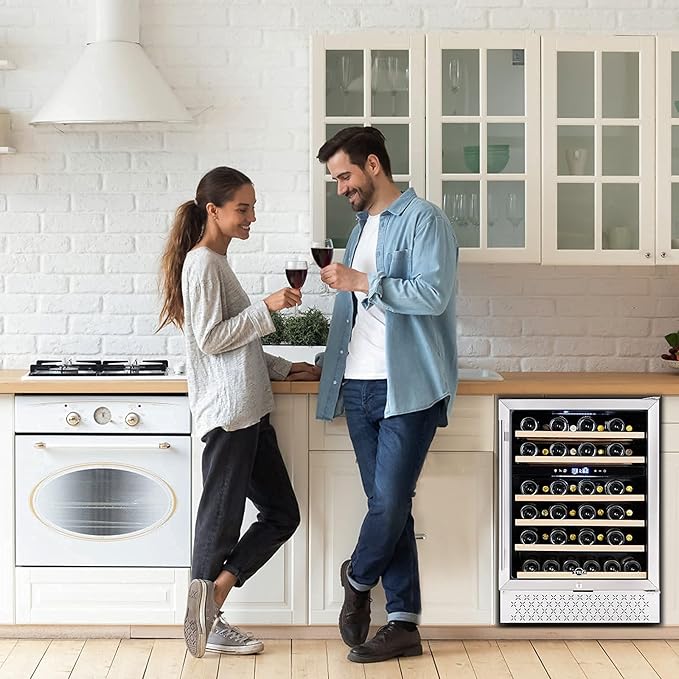 Tylza 24 Inch Wine Fridge, Dual Zone 54 Bottles Wine Refrigerator, Built-In or Freestanding, Safety Lock, Double-Layer Glass Door, Adjustable Shelves, Wine Cooler Refrigerator for Home Bar Kitchen
