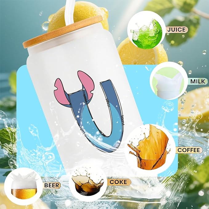 Cute Cartoon Lover Gifts Initial A-Z Personalized Iced Coffee Cup Cartoon Merch 16oz Glass Cup with Lid and Straws Birthday Christmas Gifts for Women Teen Girls Fans (Letter U)