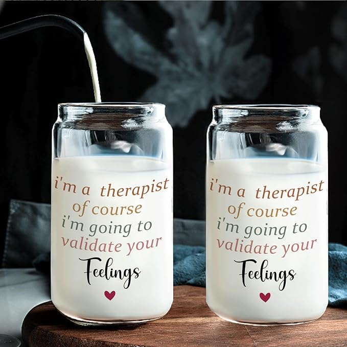 Therapist Gifts Glass Cup with Lids and Straws 14oz, Mental Health Therapist Gifts for Women Female, Mental Health Glass Iced Coffee Tumbler Drinking Jars with Cleaning Brush