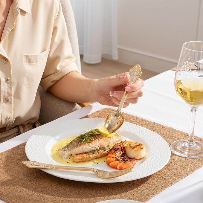 WDF 300 Pieces Gold Plastic Silverware Disposable - Heavy Duty Christmas Plastic Cutlery - Gold Silverware Sets Includes 100 Forks, 100 Spoons, 100 Knives