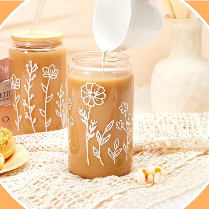 Mumufy Gift for Women Cute Glass Cup Tumbler Flower Iced Coffee Mugs 16 oz Glass with Bamboo Lid & Straw, Mothers Day Birthday Gift for Mom Sister Bridesmaid Baby Shower(18 Pack,Boho Floral)