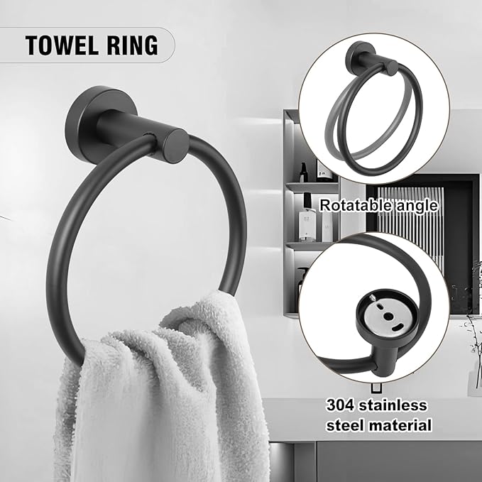 5-Piece Towel Racks for Bathroom, Stainless Steel Bathroom Accessories Set, Bathroom Towel Holder Wall Mounted, Sturdy Bath Towel Bar Set Bathroom Hardware Set (Matte Black)
