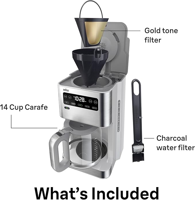 Braun PureFlavor 14‑Cup Programmable Coffee Maker – Fast Brew Speed, Touch Display, Bold & Brew‑Over‑Ice Modes, FlavorCarafe & Adjustable Warm Plate, White