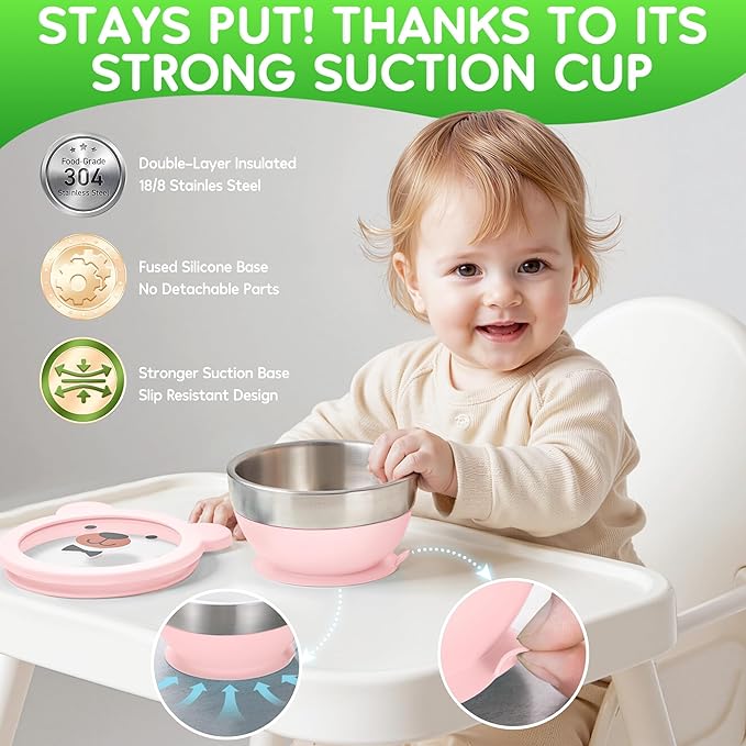 Suction Bowl and Spoon Set for Babies and Toddlers Non-Slip Silicone Suction Cups, Advanced 304 Stainless Steel Bowls, Double-Layer Insulation, and BPA-Free Lids Food-Grade Safety PINK