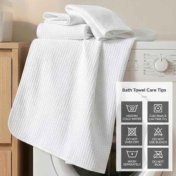 REDKISS 8 Pack Microfiber Waffle Bath Towels - Ivory Waffle Towels for Bathroom, Extra Large, Highly Absorbent, Quick Dry Bath Towel Set, Lint Free Bathroom Towel for Gym, Shower, Hotel and Spa