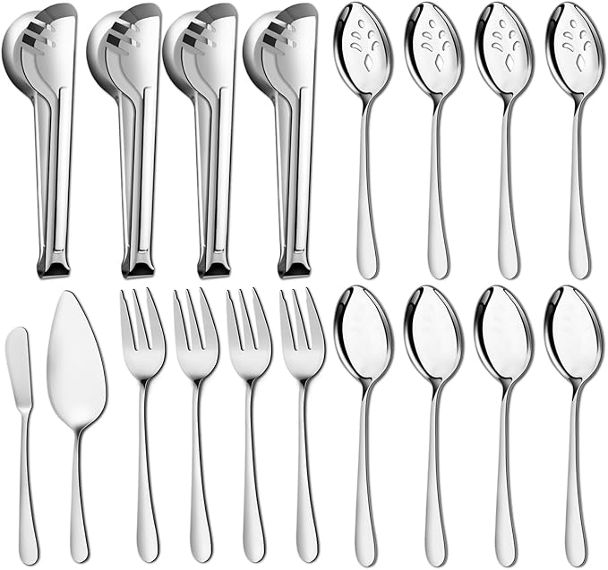 Pleafind 18-Piece Stainless Steel Utensil Set - Serving Spoons, Slotted Spoons, Forks, Tongs, Pie Server, Butter Knife for Parties & Banquets