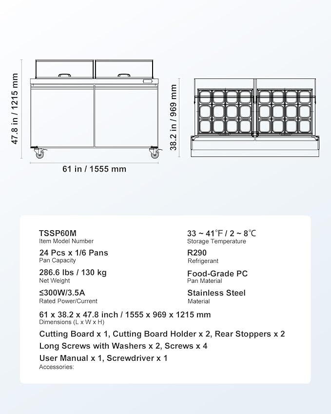 VEVOR 60"W Commercial Refrigerator, 15.4 Cu. Ft Sandwich Prep Refrigerated Table, Mega Top Food Prep Fridge with 24 Pans and Cutting Board, Stainless Steel Salad Prep Cooler for Restaurant, Food Truck