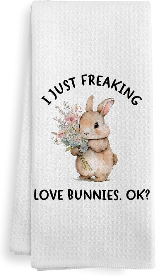 Easter Spring Bunny Kitchen Towels, Easter Bunny Rabbit Farmhouse Decor Decorations Indoor for Home, I just Freaking love bunnies Decor Dish Hand Tea Towels for Bathroom Kitchen, 16x24 Inches