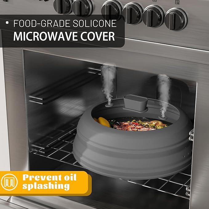 Microwave Splatter Cover, Vented Silicone and Glass Cover Splatter Guard Lid, Food Collapsible Plate Cover Lid with Easy Grip Handle. (Gray, 9 inch)