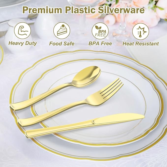 200 Count Heavy Duty Gold Plastic Silverware, 100 Forks, 50 Spoons, 50 Knives, BPA-Free, Heat Resistant, Disposable Plastic Utensils Set Cutlery Set, Plasticware Bulk