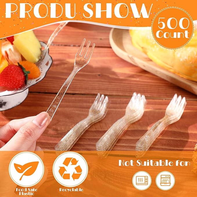 Skylety 500 Pcs Plastic Mini Forks 3.7 x 0.6 Inch Tiny Small Disposable Appetizer Cocktail Tasting Forks Utensils for Fruit Dessert Cakes Serving Supply(Transparent Gold)