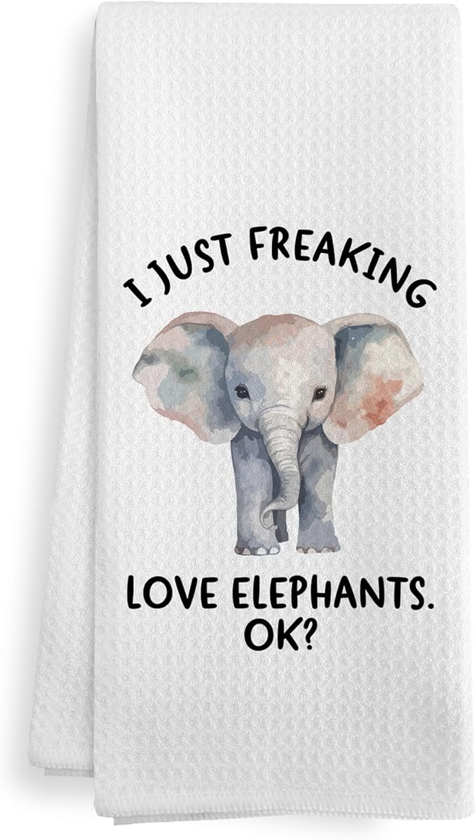 Funny Elephant Kitchen Towels Gifts, Woodsy Elephant Cabin Bathroom Decor for Home, Cute I Just Freaking Love Elephants Decor Dish Hand Tea Towels for Bathroom Kitchen, 16x24 Inches