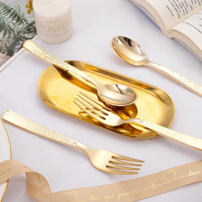 KIRE 400PCS Gold Plastic Spoons and Forks Disposable - Gold Plastic Silverware Set Disposable - 200 Forks and 200 Spoons for Thanksgiving Party, Birthday