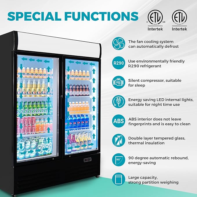 36 Cu Ft Commercial Beverage Refrigerator with 2 Glass Doors - Upright Drink Cooler Merchandiser with LED Light Display, 8 Adjustable Shelves, Black, ETL Approved for Business & Retail