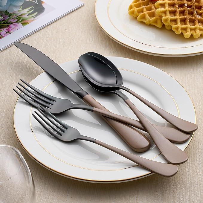 20-Piece Black Silverware Set 18/0 Stainless Steel Silverware Set Brown Handle Cutlery Set Service for 4 Dinner Knives Forks Spoons Set Flatware Set Finish Dishwasher Safe