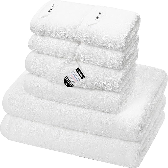 SEMAXE White Bath Towel Set, 100% Cotton Bathroom Towels with Hanging Loops, Luxury 8 Piece Towel Set Include 2 Bath Towels, 2 Hand Towels, 4 Washcloths