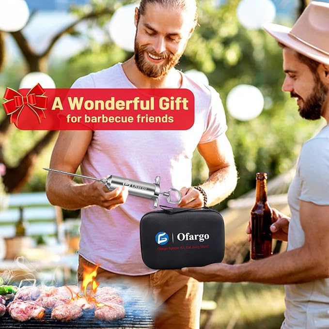 Ofargo Stainless Steel Meat Injector Syringe with 4 Marinade Needles and Travel Case for BBQ Grill Smoker, gifts for men dad husband in Thanksgiving Christmas day