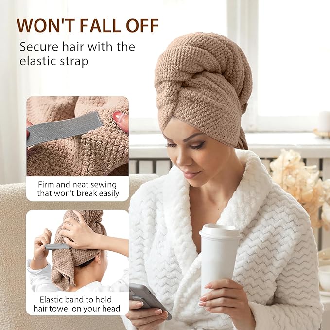 YFONG Large Hair Towel Wrap for Women, Super Absorbent Microfiber Hair Towel for Curly Hair, Fast Drying Hair Turbans with Elastic,Hair Drying Towel Wrap for Hair Care Anti Friz 26.3" X 40" (Brown)