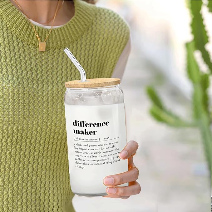 Difference Maker Glass Cup with Lids and Straws 14oz - Appreciation Gifts Thank You Gifts for Boss Leader Teacher Mentor Coach Manager, Glass Coffee Tumbler Drinking Jars with Cleaning Brush