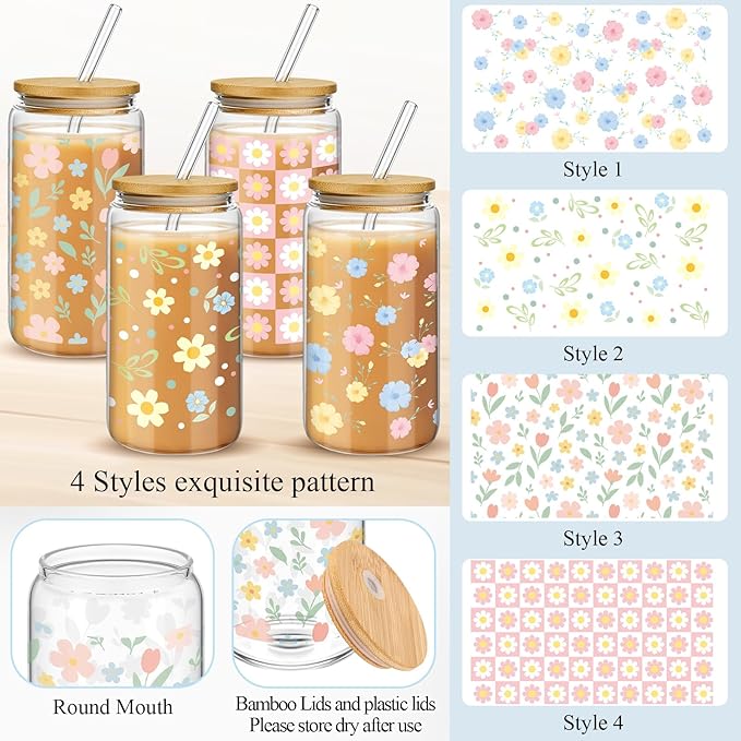 Mumufy Gift for Women Cute Glass Cup Tumbler Flower Iced Coffee Mugs 16 oz Glass with Bamboo Lid & Straw, Mothers Day Birthday Gift for Mom Sister Bridesmaid Baby Shower(4 Pack, Pastel Flower)