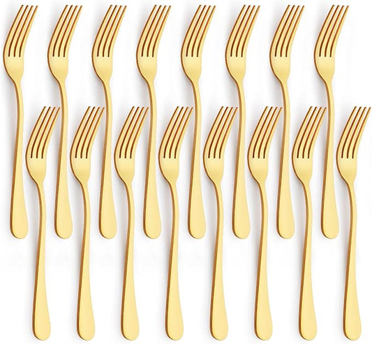16 Piece Gold Dinner Forks Set 8 Inch Food-Grade Stainless Steel Silverware Forks Cutlery Forks for Home Kitchen or Restaurant Mirror Polished Dishwasher Safe (Gold)