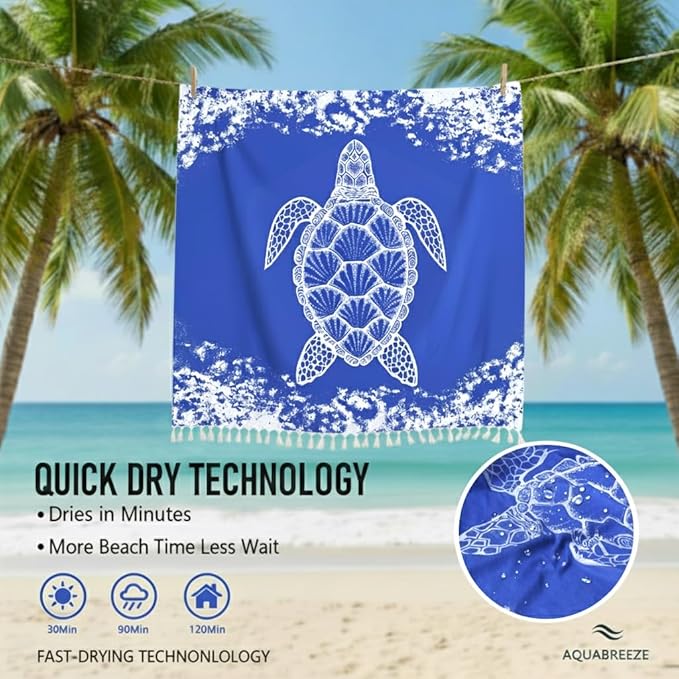 Oversized Turkish Beach Towel Blanket Cotton Giant XL Sandproof Towels Huge Linen XXL Extra Large Big Throw Quilt Blankets for Adults Blue Turtle