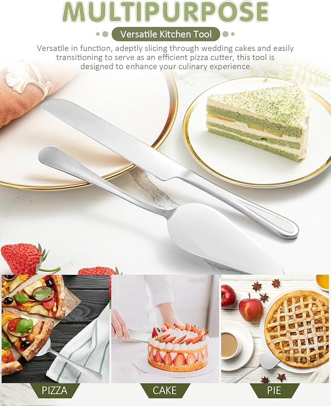 2-Piece Premium Cake Cutting Set, Exquisite Knife and Server with Serrated Design, Includes Cake Knife and Pie Spatula for Pastry, Pizza and Desserts (Silver)