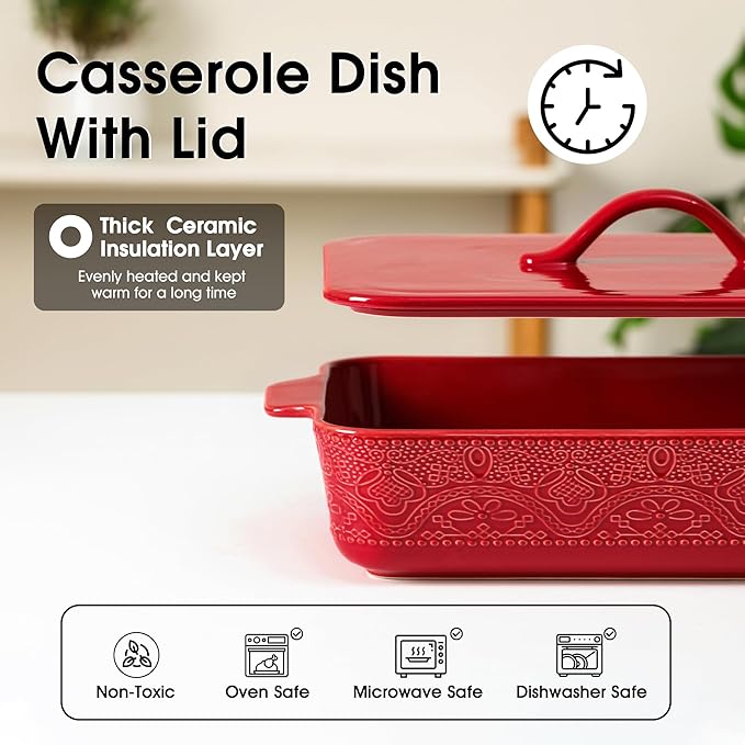 Casserole Dish with Lid, Ceramic 9x13 Casserole Dish for Oven, Rectangular Bakeware, Large Baking Dish with Handles for Holiday Cooking, Roasting, Baking, Oven & Microwave Safe (Red)