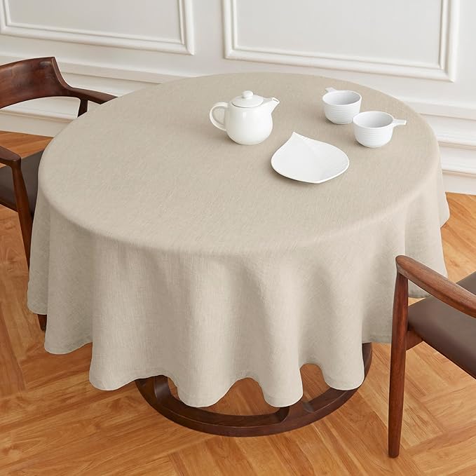 Solino Home Linen 60 Inch Round Tablecloth - 100% Pure Linen Flax Round Tablecloth - Machine Washable Table Cloth for New Year - Sonoma