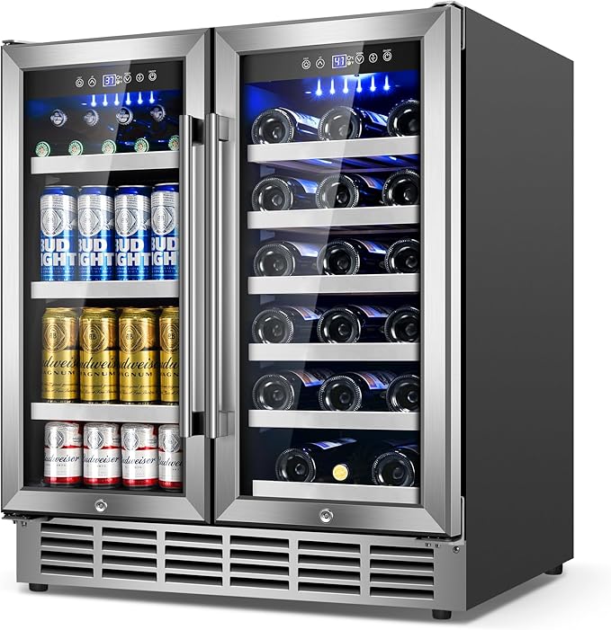 30Inch Wine and Beverage Refrigerator - Dual Zone Beverage Cooler Under Counter, Holds Up to 30 Bottles & 90 Cans Drink and Beer Fridge Built-In for Home Kitchen Bar and Office