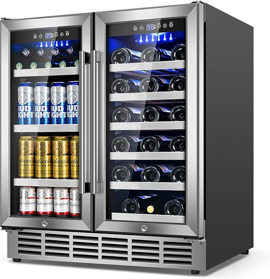 30Inch Wine and Beverage Refrigerator - Dual Zone Beverage Cooler Under Counter, Holds Up to 30 Bottles & 90 Cans Drink and Beer Fridge Built-In for Home Kitchen Bar and Office