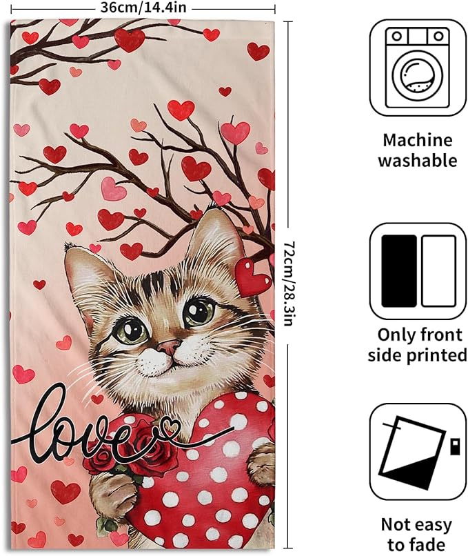 Imiss Red Cat Heart Rose Hand Towels - Red Love Hearts Tree Decorative Bathroom Kitchen Dish Towel Set of 2 Holiday Guest Towels 14.4 x 28.3 Inch for Gym,Spa,Hotel