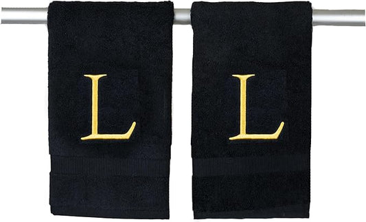 Black and Gold Bathroom Hand Towel - Monogrammed Luxury Hotel Quality Decorative Embroidered Towel for Powder Room, Spa - GOTS Organic Certified - Pack of 2, Letter L